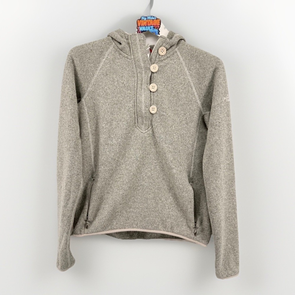 The North Face Crescent Hooded Pullover Fleece Womens M Gray Heather Button Neck